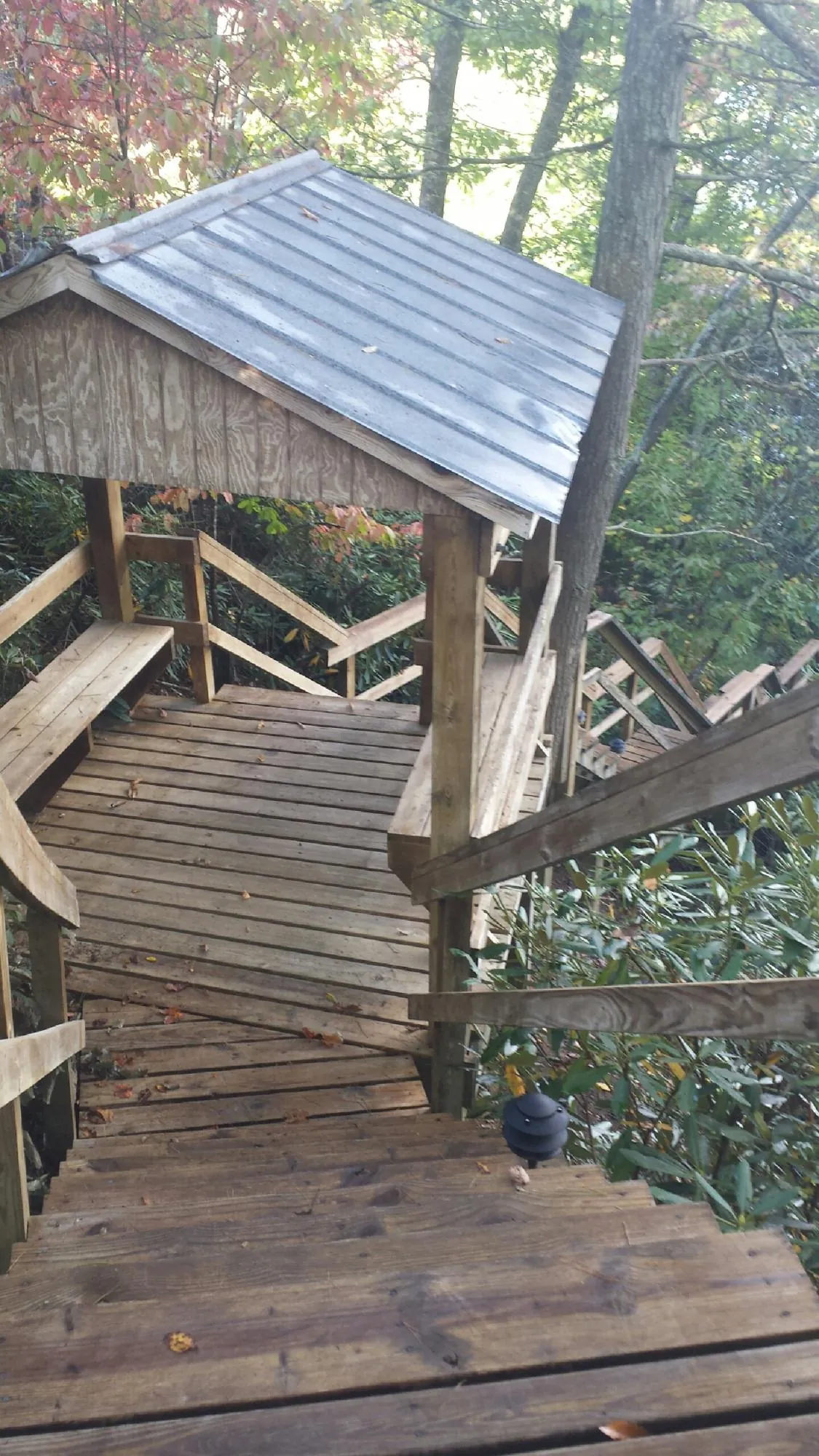 Metal roofed shelter over wooden steps on a wooded walkway — Skylight Repair & Installation work by our crew in Orlando